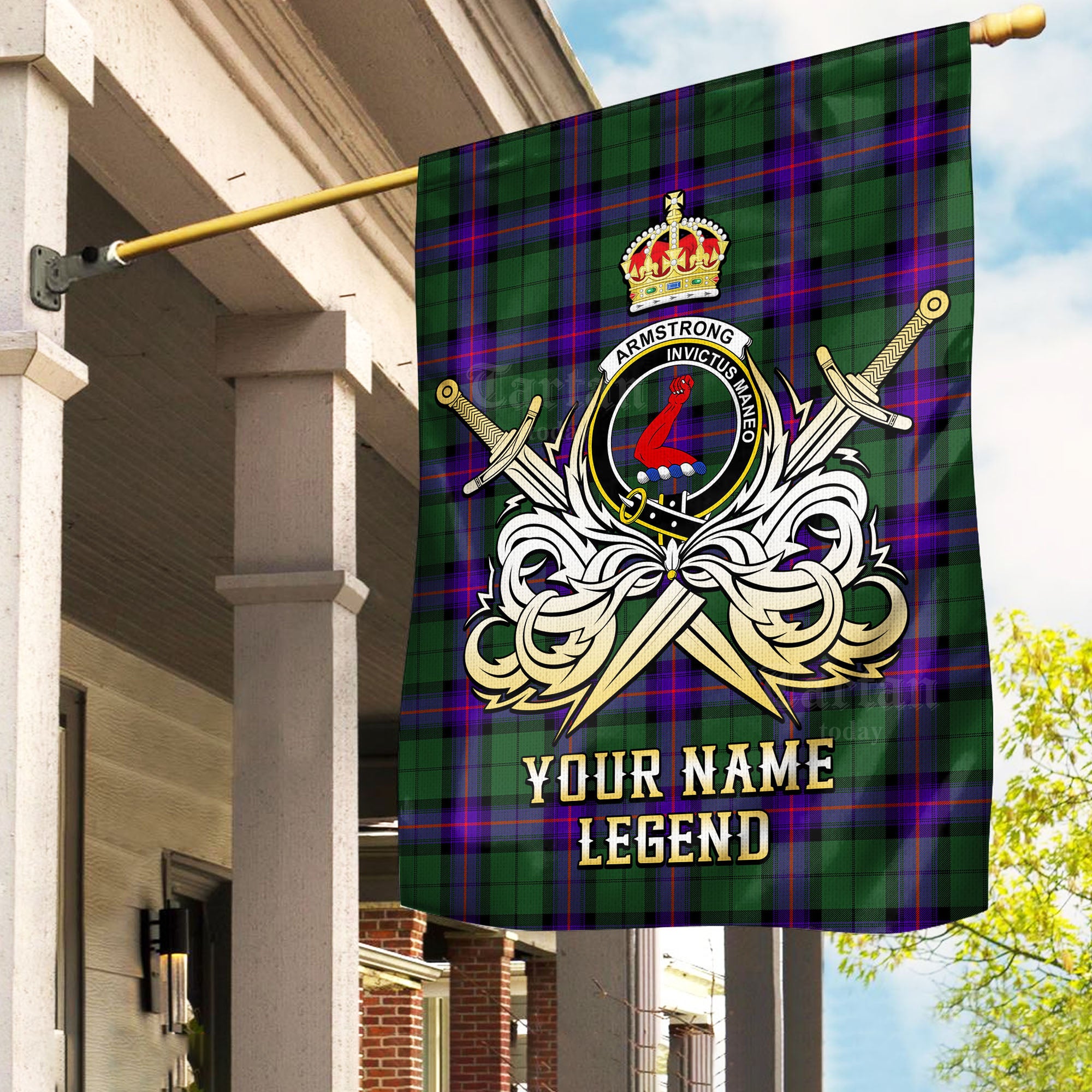 Custom Name Clan Armstrong Modern Tartan Garden Flag with Clan Crest and the Golden Sword of Courageous Legacy TA62