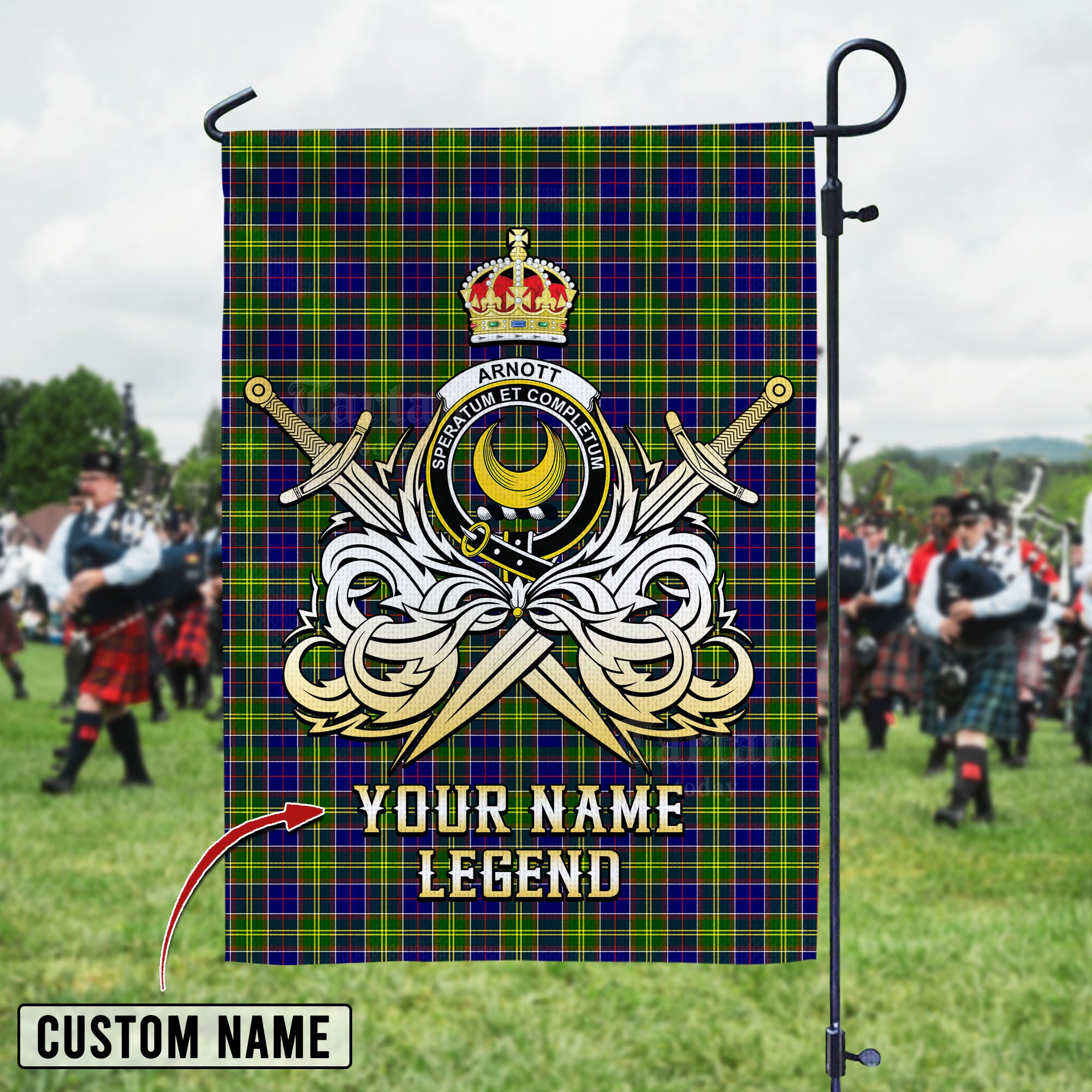 Personalized Custom Name Clan Arnott Tartan Garden Flag with Clan Crest and the Golden Sword of Courageous Legacy KT70 - Arnott Tartan Design, Scottish Heritage Gift