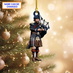 Auld Lang Syne Grey Modern Tartan Bagpipe Ornament with Custom Name