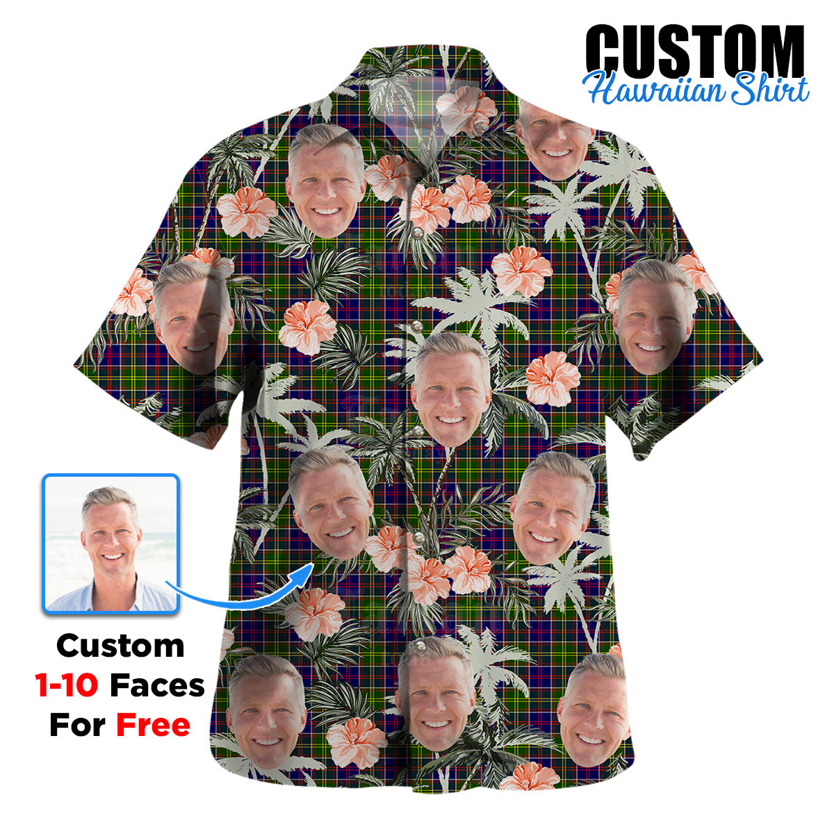 Clan Ayrshire District Tartan Custom Face Hawaiian Shirt – Unisex Gift for Family Members, Summer Party MF20 Ayrshire District Tartan Tartan Hawaii Shirt