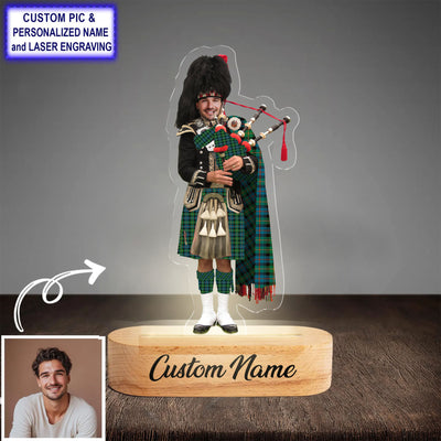 Custom Bagpipe Baillie Ancient Tartan LED Night Light - Personalized Scottish Bagpiper Figurine with Wooden Stand RH72