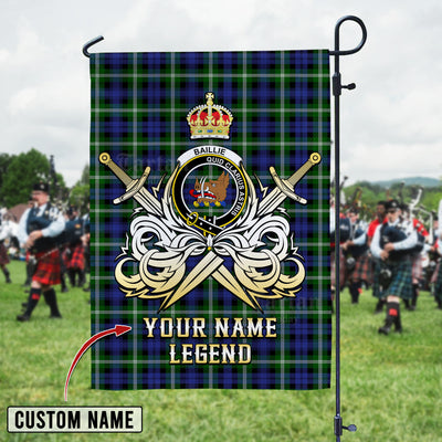 Custom Name Clan Baillie Modern Tartan Garden Flag with Clan Crest and the Golden Sword of Courageous Legacy DX31