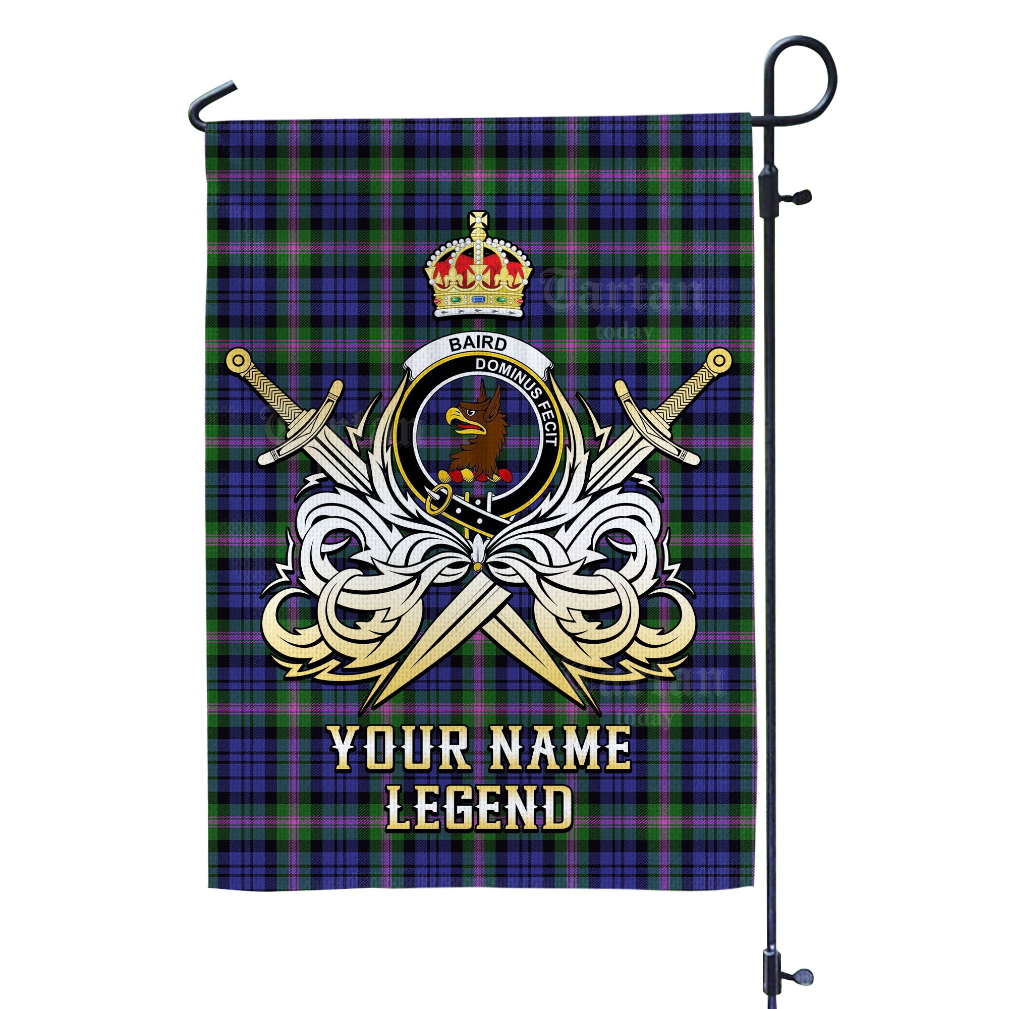 Custom Name Clan Baird Modern Tartan Garden Flag with Clan Crest and the Golden Sword of Courageous Legacy PN60