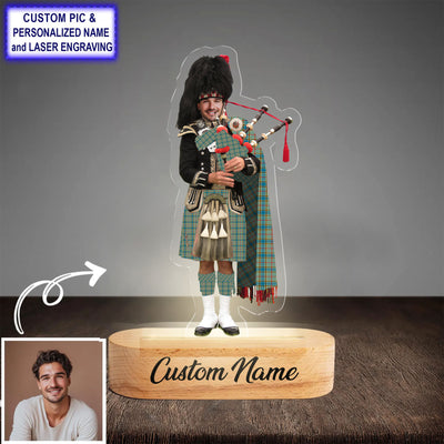Custom Bagpipe Balfour Blue Tartan LED Night Light - Personalized Scottish Bagpiper Figurine with Wooden Stand