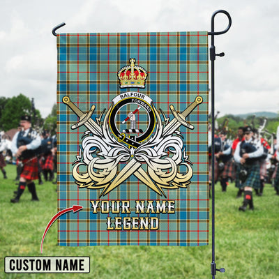 Custom Name Clan Balfour Blue Tartan Garden Flag with Clan Crest and the Golden Sword of Courageous Legacy