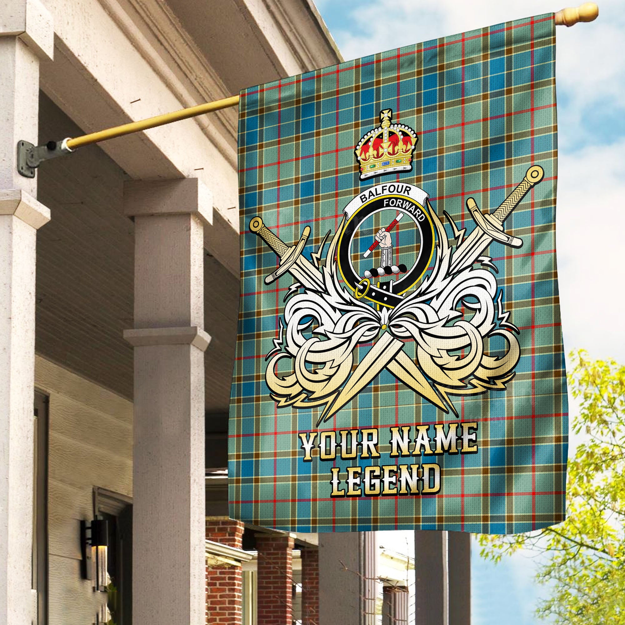 Custom Name Clan Balfour Blue Tartan Garden Flag with Clan Crest and the Golden Sword of Courageous Legacy ZN39