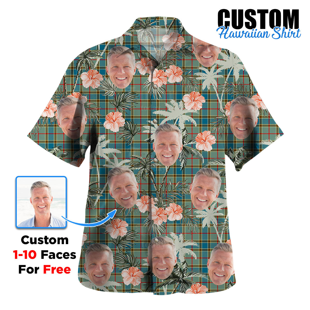 Clan Balfour Blue Tartan Custom Face Hawaiian Shirt – Unisex Gift for Family Members, Summer Party SV18 Balfour Blue Tartan Tartan Hawaii Shirt