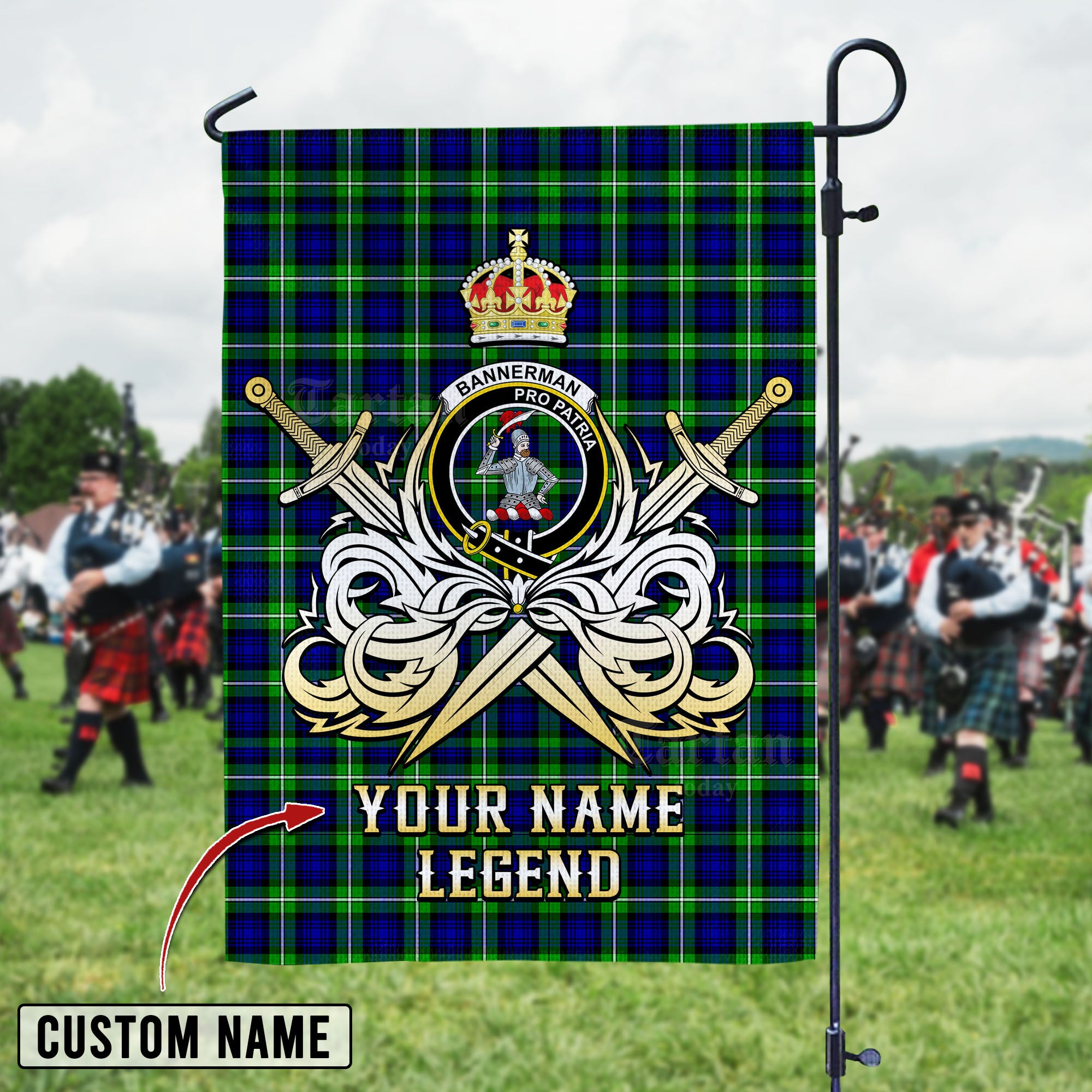 Personalized Custom Name Clan Bannerman Tartan Garden Flag with Clan Crest and the Golden Sword of Courageous Legacy UF72 - Bannerman Tartan Design, Scottish Heritage Gift