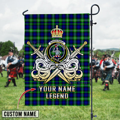 Custom Name Clan Bannerman Tartan Garden Flag with Clan Crest and the Golden Sword of Courageous Legacy UF72