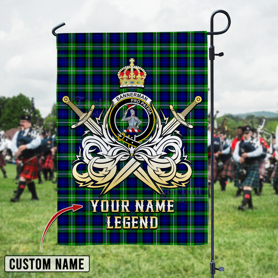 Personalized Custom Name Clan Bannerman Tartan Garden Flag with Clan Crest and the Golden Sword of Courageous Legacy UF72 - Bannerman Tartan Design, Scottish Heritage Gift