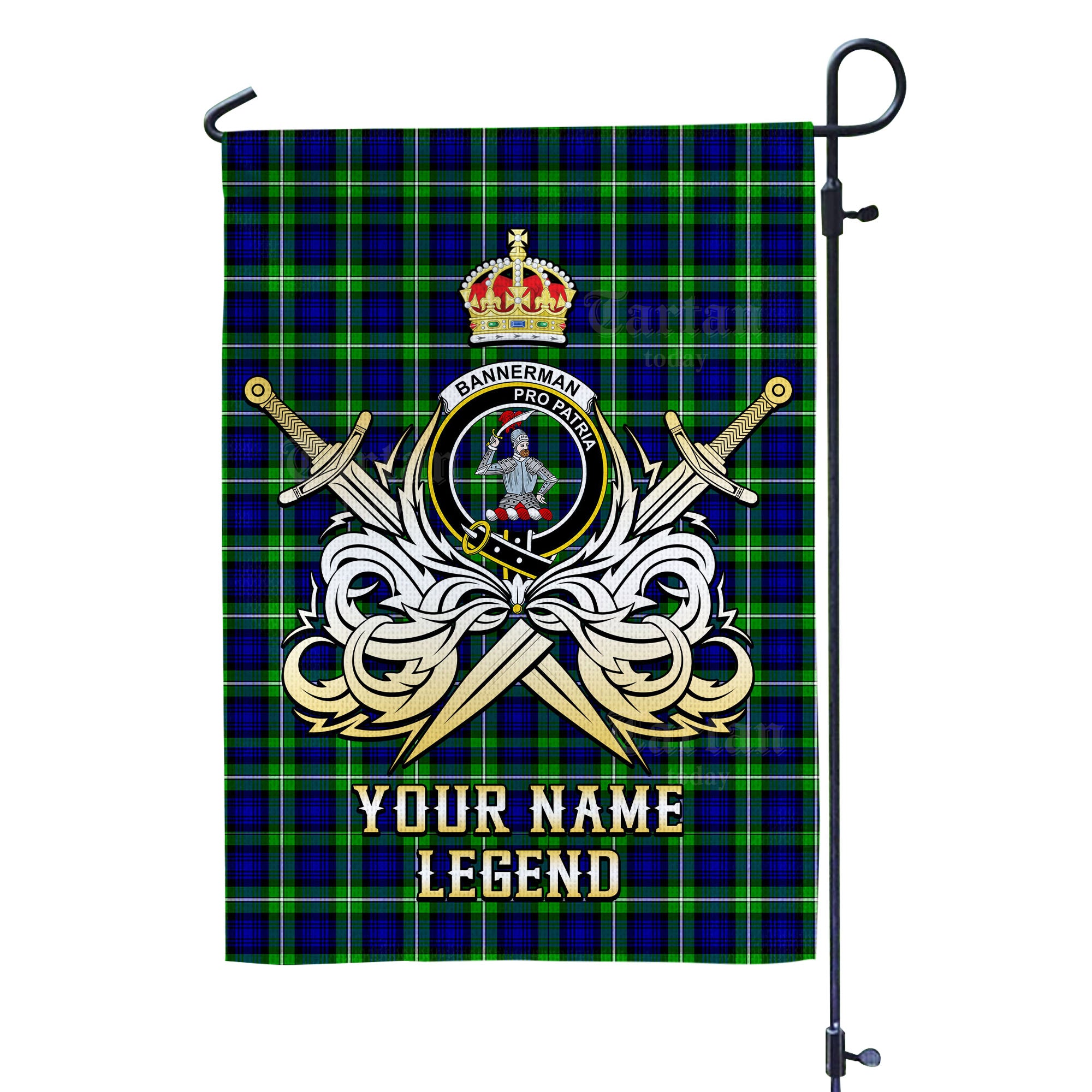Custom Name Clan Bannerman Tartan Garden Flag with Clan Crest and the Golden Sword of Courageous Legacy UF72