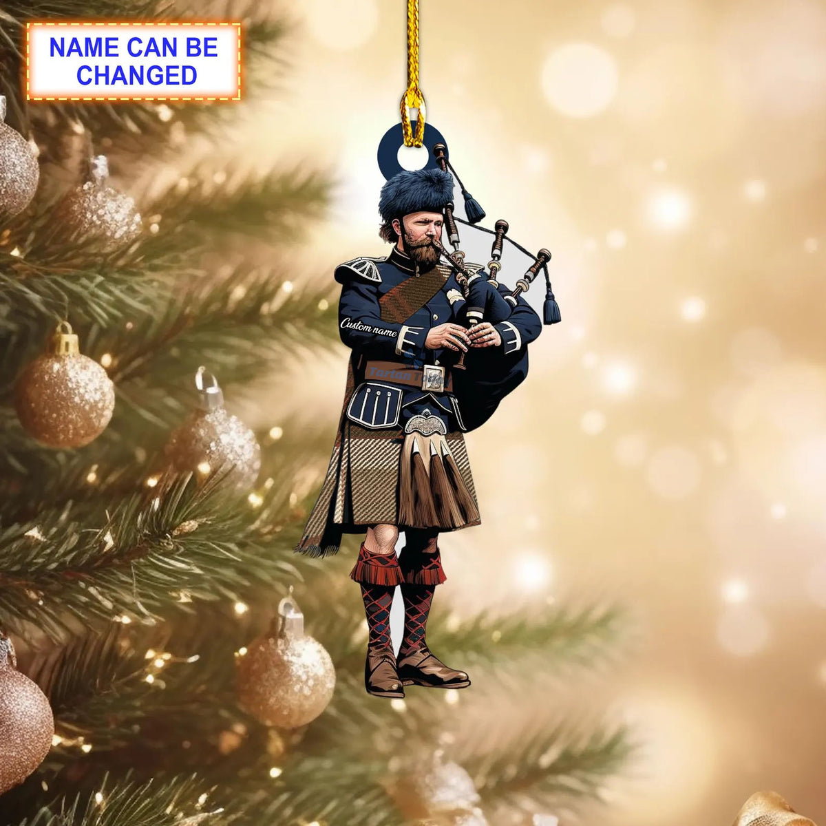 Bannockbane District Modern Tartan Bagpipe Ornament with Custom Name
