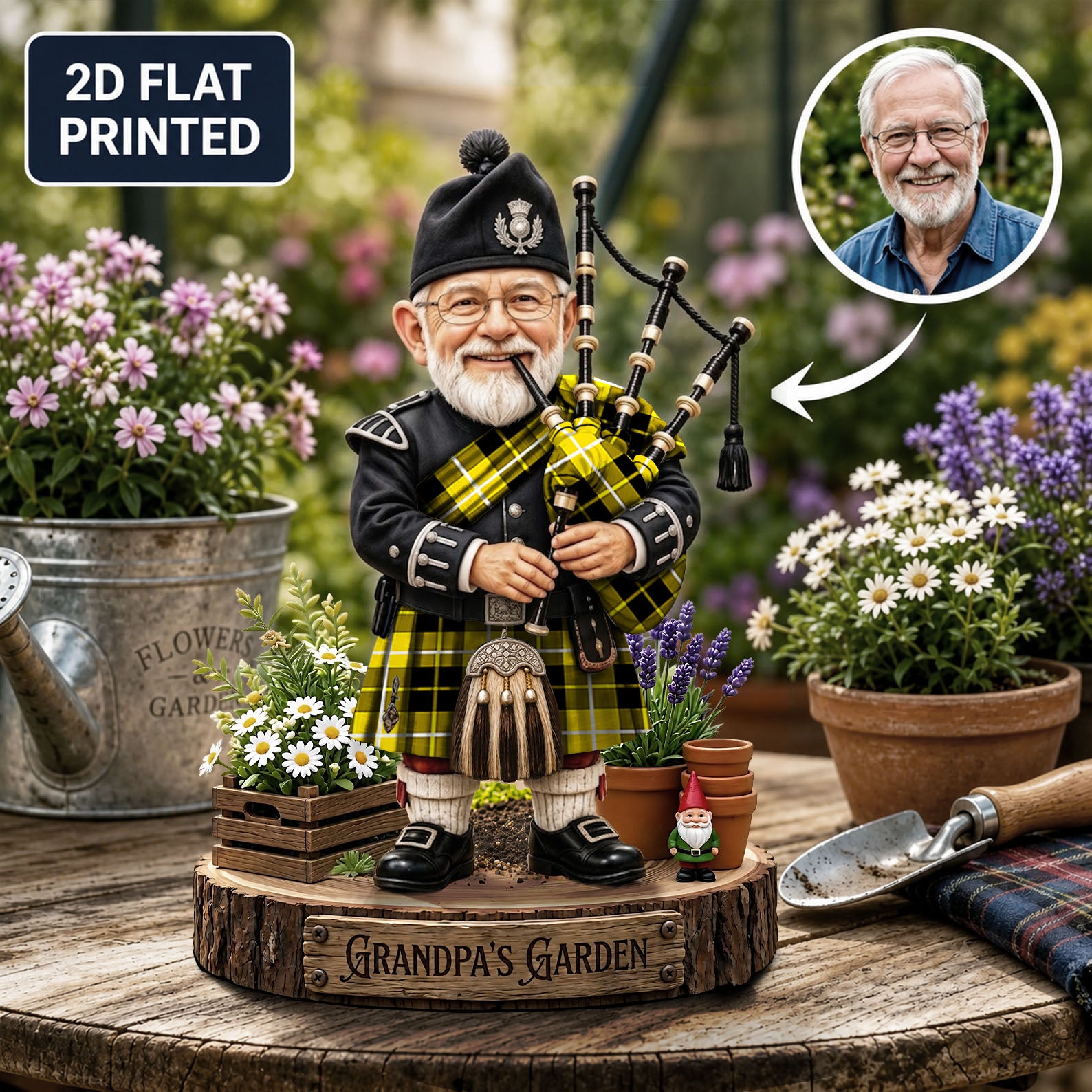 Personalized Barclay Dress Modern Clan Bagpipe Garden Gnome Caricature Plaque Custom Photo, Any Clan Tartan, Wood or Acrylic, Grandpa & Dad Gift, Scottish Highland Garden Decor YR94