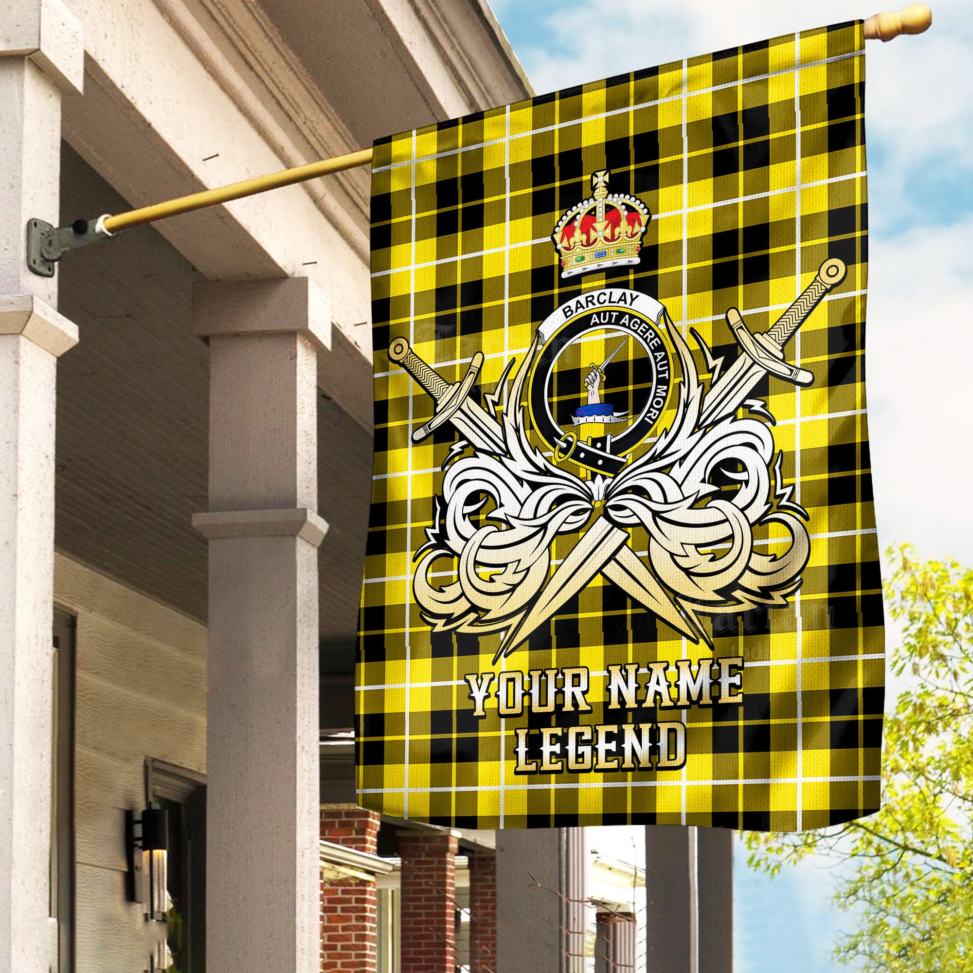 Custom Name Clan Barclay Dress Modern Tartan Garden Flag with Clan Crest and the Golden Sword of Courageous Legacy EO30