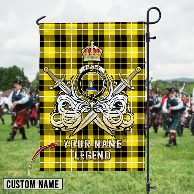 Custom Name Clan Barclay Dress Modern Tartan Garden Flag with Clan Crest and the Golden Sword of Courageous Legacy