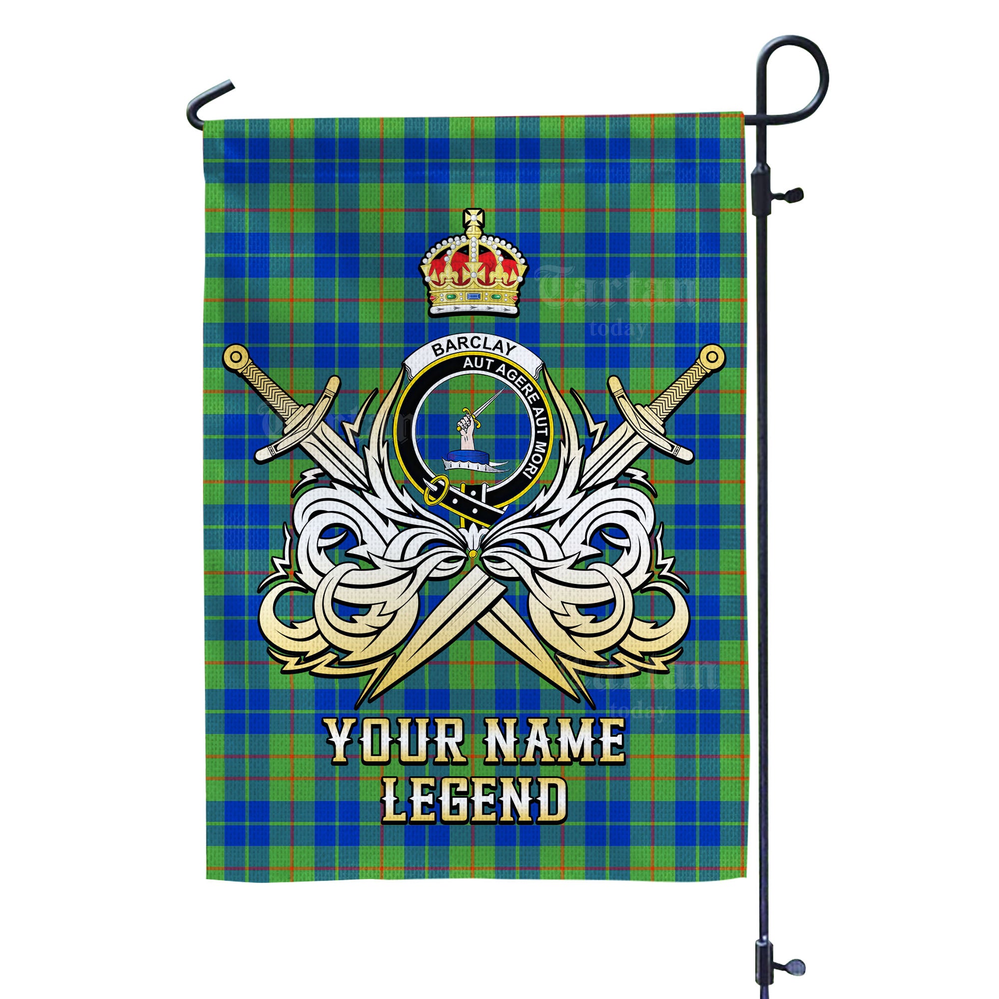 Custom Name Clan Barclay Hunting Ancient Tartan Garden Flag with Clan Crest and the Golden Sword of Courageous Legacy NA84