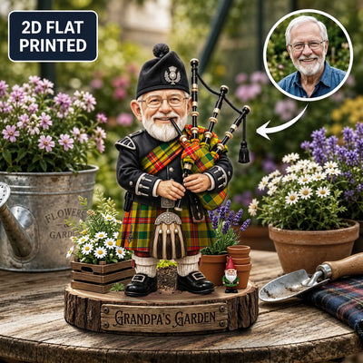 Personalized Baxter Clan Bagpipe Garden Gnome Caricature Plaque Custom Photo, Any Clan Tartan, Wood or Acrylic, Grandpa & Dad Gift, Scottish Highland Garden Decor WP90
