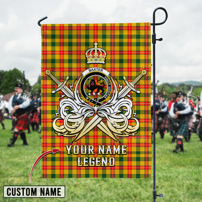 Custom Name Clan Baxter Tartan Garden Flag with Clan Crest and the Golden Sword of Courageous Legacy