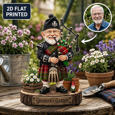 Personalized Baxter Modern Clan Bagpipe Garden Gnome Caricature Plaque Custom Photo, Any Clan Tartan, Wood or Acrylic, Grandpa & Dad Gift, Scottish Highland Garden Decor JD58
