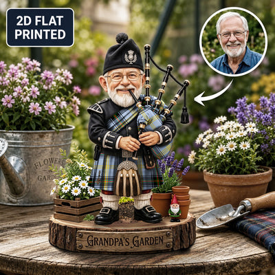 Personalized Bell of the Borders Clan Bagpipe Garden Gnome Caricature Plaque Custom Photo, Any Clan Tartan, Wood or Acrylic, Grandpa & Dad Gift, Scottish Highland Garden Decor MD19