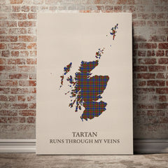 Bethune Tartan Scotland Map Canvas – “Tartan Runs Through My Veins” Wall Art
