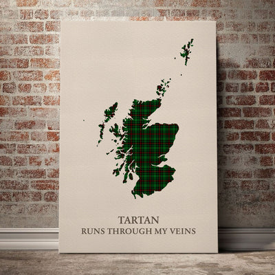 Clan Beveridge Tartan Scotland Map Canvas “Tartan Runs Through My Veins” Wall Art IX97