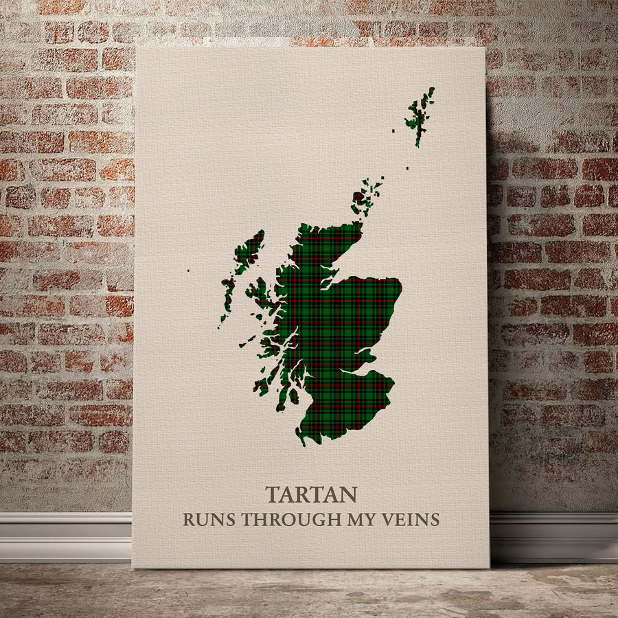 Beveridge Tartan Scotland Map Canvas – “Tartan Runs Through My Veins” Wall Art
