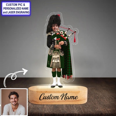 Custom Bagpipe Beveridge Tartan LED Night Light - Personalized Scottish Bagpiper Figurine with Wooden Stand NK39