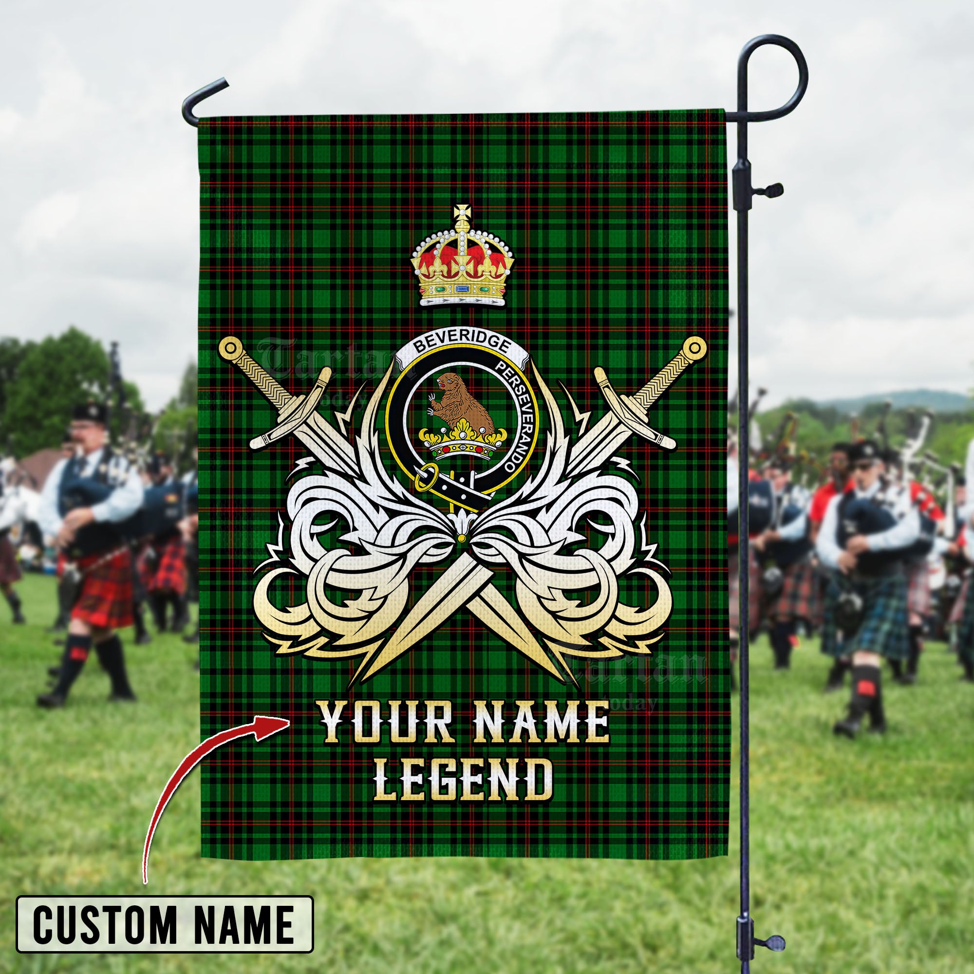 Personalized Custom Name Clan Beveridge Tartan Garden Flag with Clan Crest and the Golden Sword of Courageous Legacy NS81 - Beveridge Tartan Design, Scottish Heritage Gift