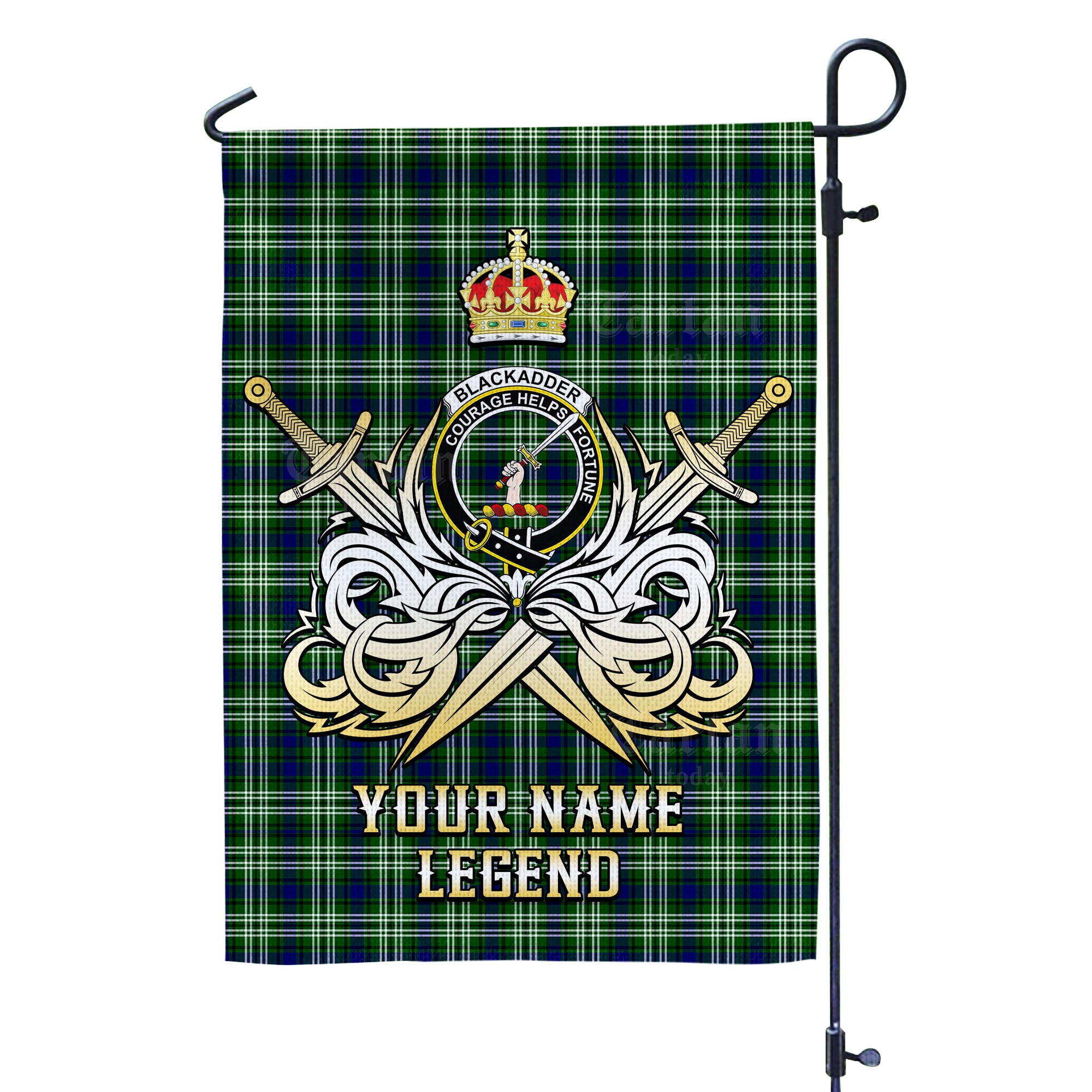 Custom Name Clan Blackadder Tartan Garden Flag with Clan Crest and the Golden Sword of Courageous Legacy KX56