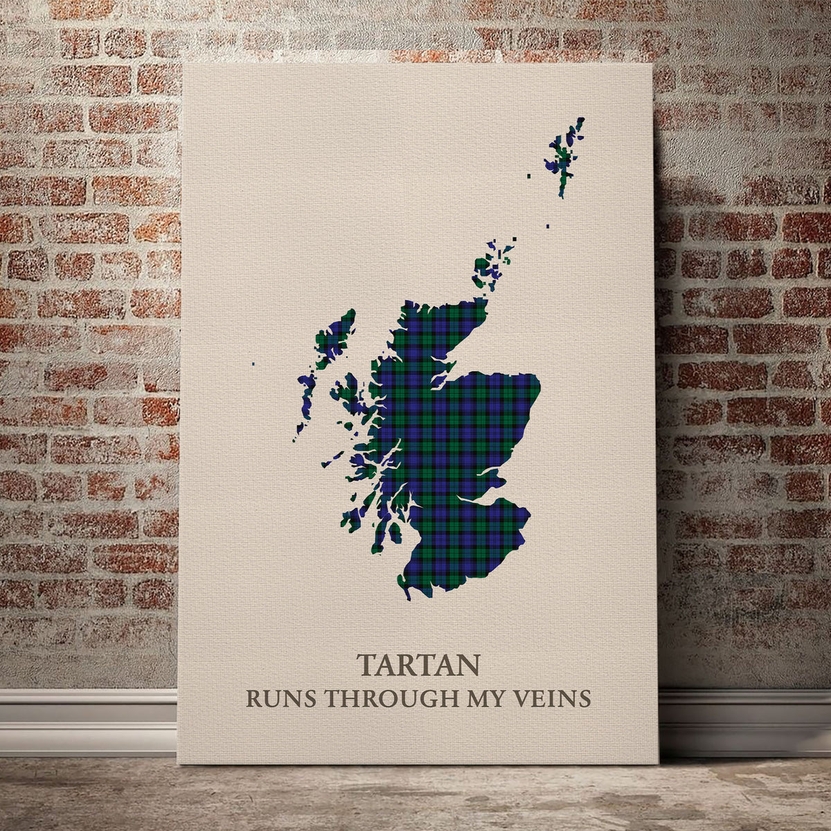 Blackwatch Modern Tartan Scotland Map Canvas – “Tartan Runs Through My Veins” Wall Art
