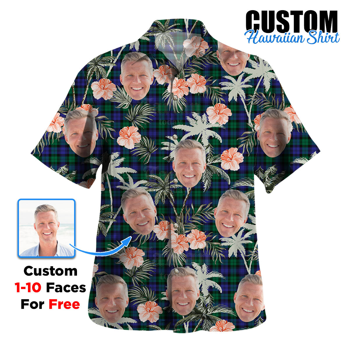Clan Blackwatch Modern Tartan Custom Face Hawaiian Shirt – Unisex Gift for Family Members, Summer Party XM83 Blackwatch Modern Tartan Tartan Hawaii Shirt
