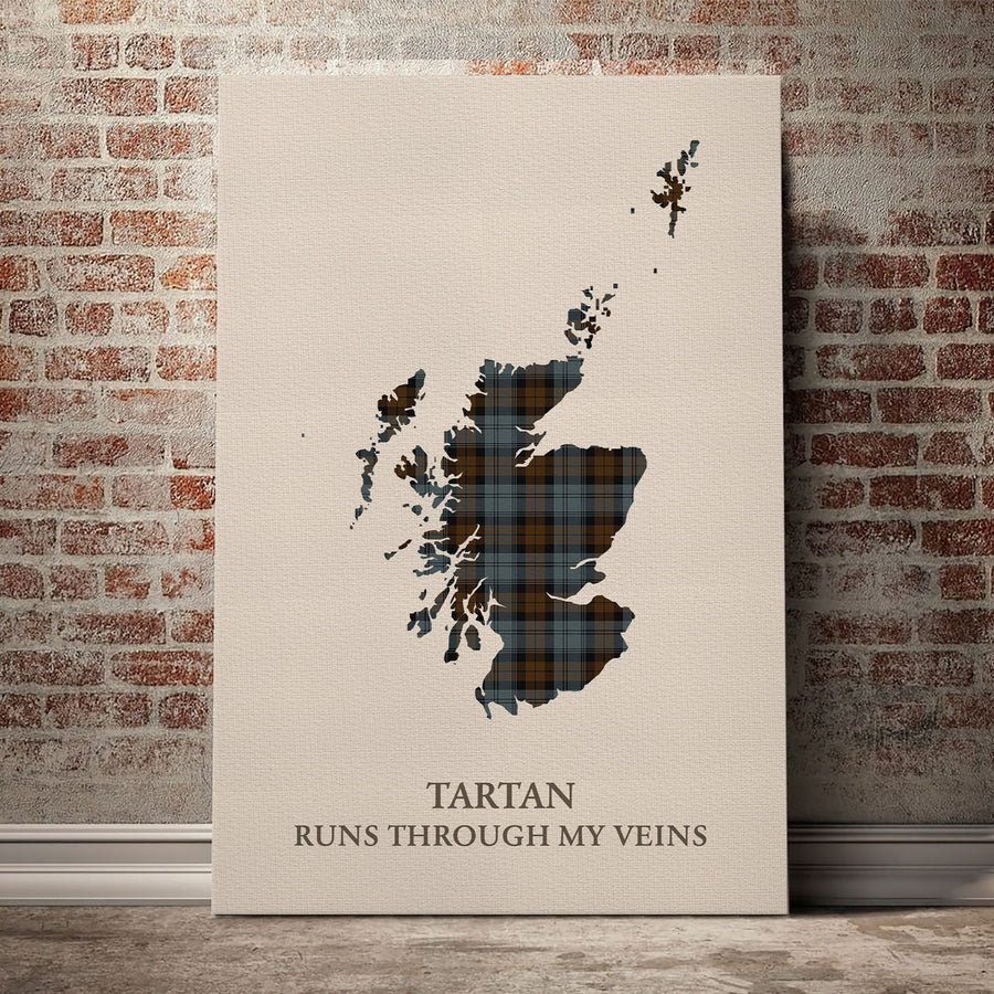 Blackwatch Weathered Tartan Scotland Map Canvas – “Tartan Runs Through My Veins” Wall Art