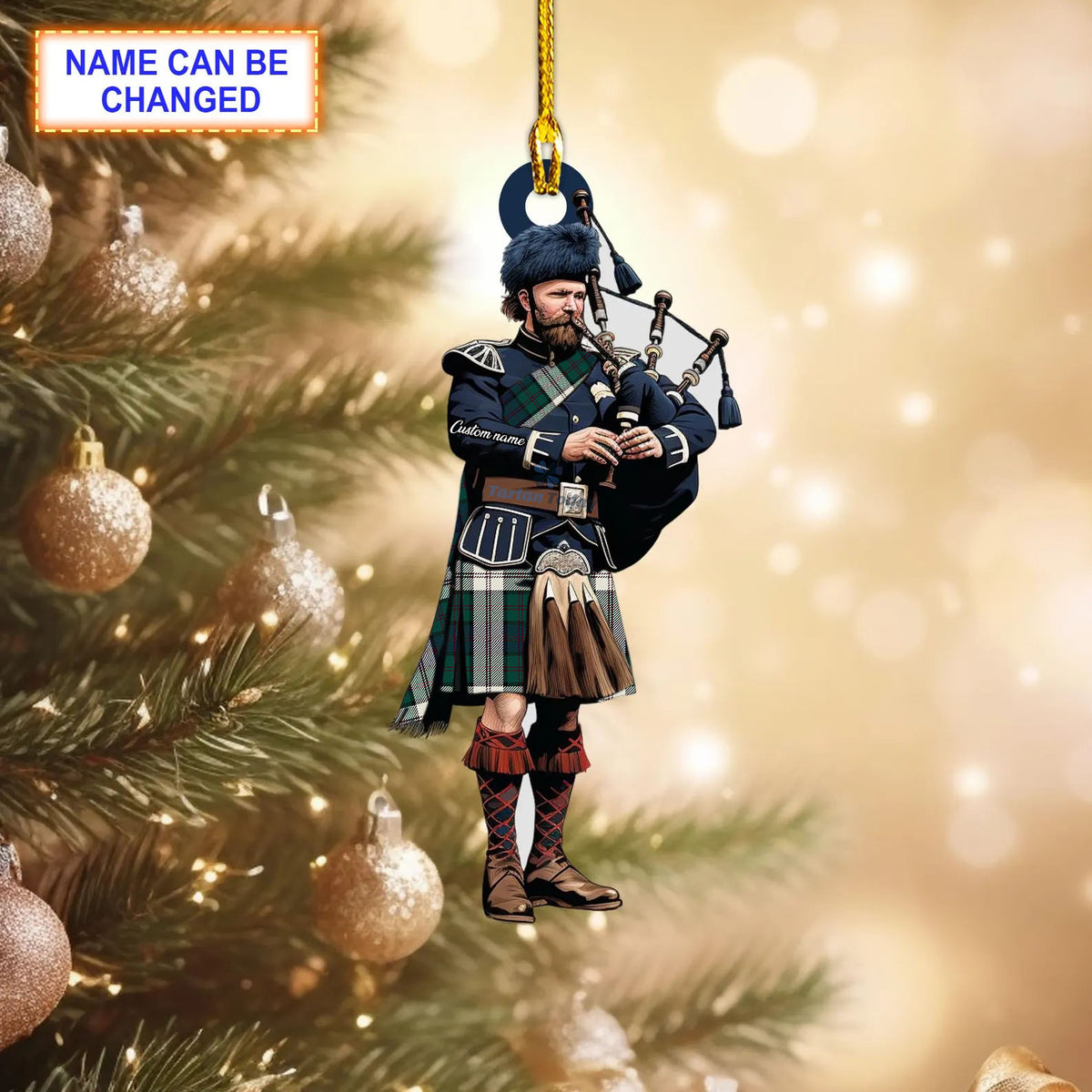Blair Dress Modern Tartan Bagpipe Ornament with Custom Name