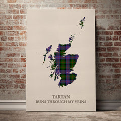 Blair Modern Tartan Scotland Map Canvas – “Tartan Runs Through My Veins” Wall Art