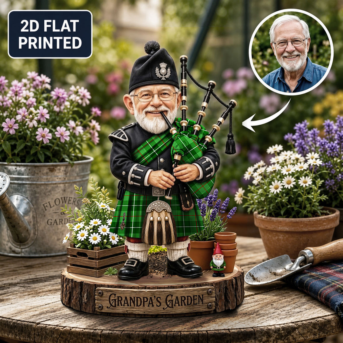 Personalized Blane 1 Clan Bagpipe Garden Gnome Caricature Plaque Custom Photo, Any Clan Tartan, Wood or Acrylic, Grandpa & Dad Gift, Scottish Highland Garden Decor UW99