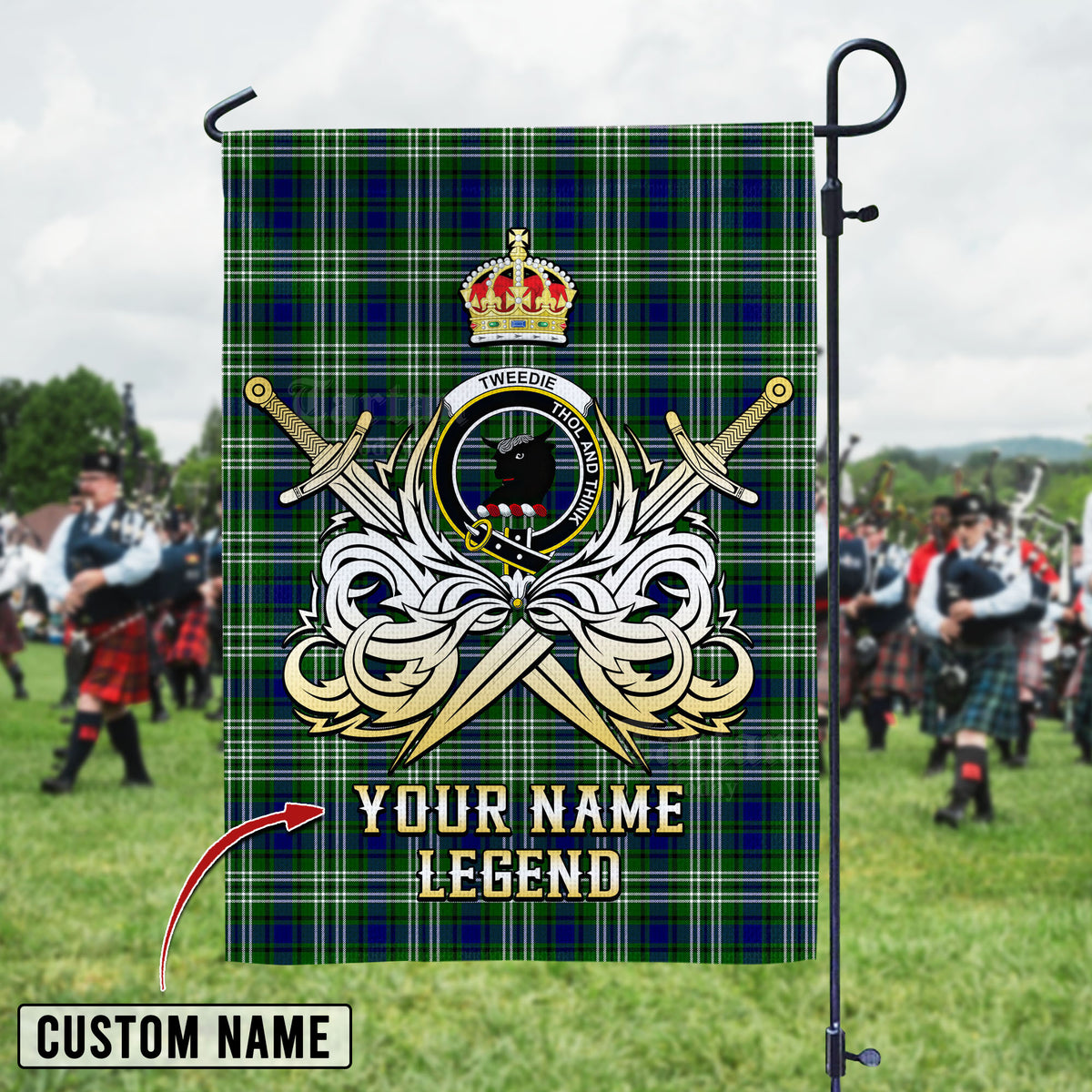 Personalized Custom Name Clan Blyth_Tweedside District Tartan Garden Flag with Clan Crest and the Golden Sword of Courageous Legacy SC49 - Blyth_Tweedside District Tartan Design, Scottish Heritage Gift