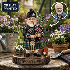 Personalized Borthwick Dress Ancient Clan Bagpipe Garden Gnome Caricature Plaque Custom Photo, Any Clan Tartan, Wood or Acrylic, Grandpa & Dad Gift, Scottish Highland Garden Decor BW10