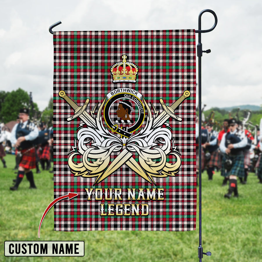 Personalized Custom Name Clan Borthwick Dress Ancient Tartan Garden Flag with Clan Crest and the Golden Sword of Courageous Legacy QR93 - Borthwick Dress Ancient Tartan Design, Scottish Heritage Gift