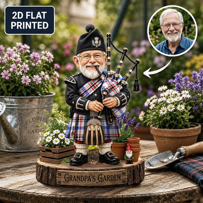 Personalized Boswell Modern Clan Bagpipe Garden Gnome Caricature Plaque Custom Photo, Any Clan Tartan, Wood or Acrylic, Grandpa & Dad Gift, Scottish Highland Garden Decor GZ78