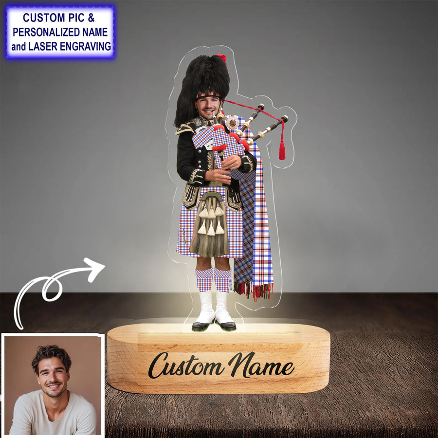 Custom Bagpipe Boswell Modern Tartan LED Night Light - Personalized Scottish Bagpiper Figurine with Wooden Stand
