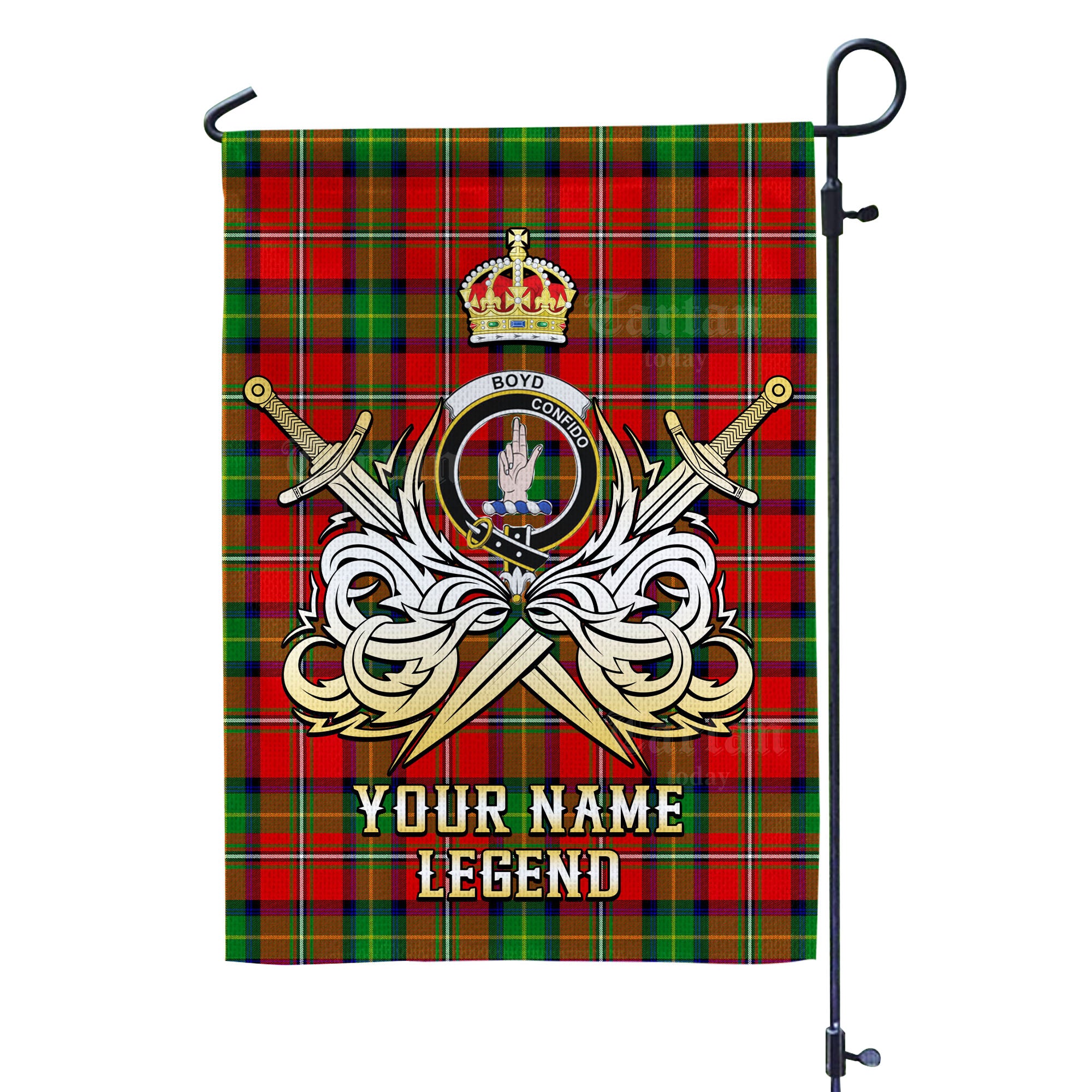 Custom Name Clan Boyd Modern Tartan Garden Flag with Clan Crest and the Golden Sword of Courageous Legacy US54