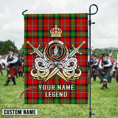 Custom Name Clan Boyd Modern Tartan Garden Flag with Clan Crest and the Golden Sword of Courageous Legacy
