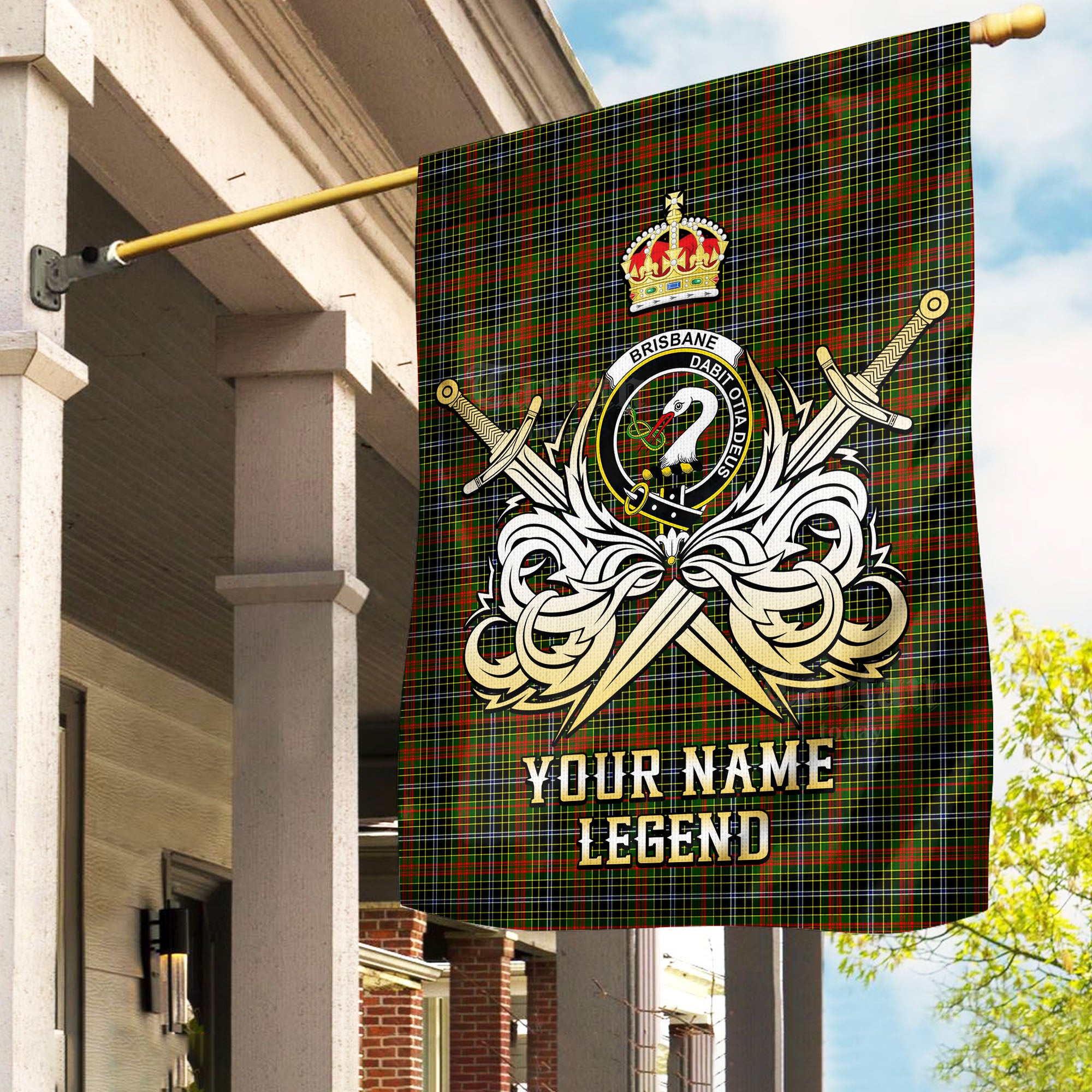 Custom Name Clan Brisbane Tartan Garden Flag with Clan Crest and the Golden Sword of Courageous Legacy HS48