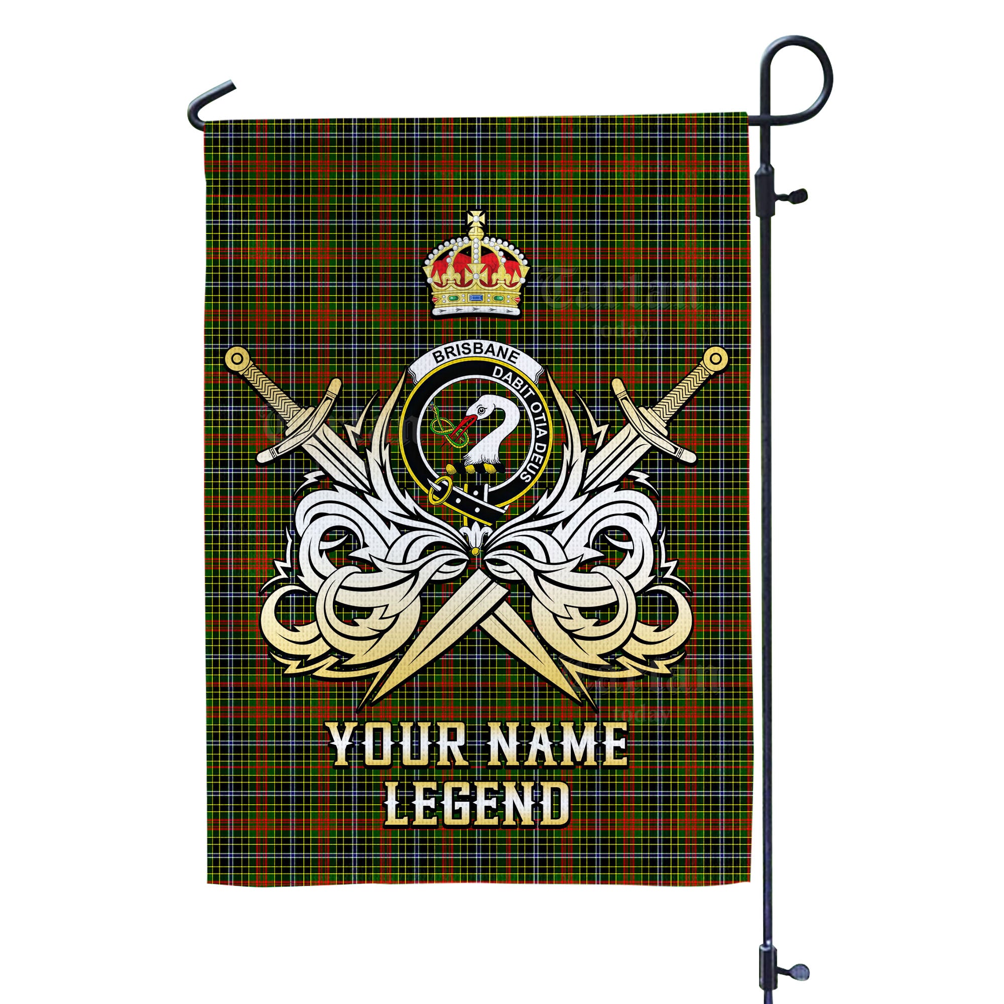 Custom Name Clan Brisbane Tartan Garden Flag with Clan Crest and the Golden Sword of Courageous Legacy HS48