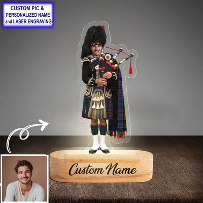 Custom Bagpipe Brodie Hunting Modern Tartan LED Night Light - Personalized Scottish Bagpiper Figurine with Wooden Stand