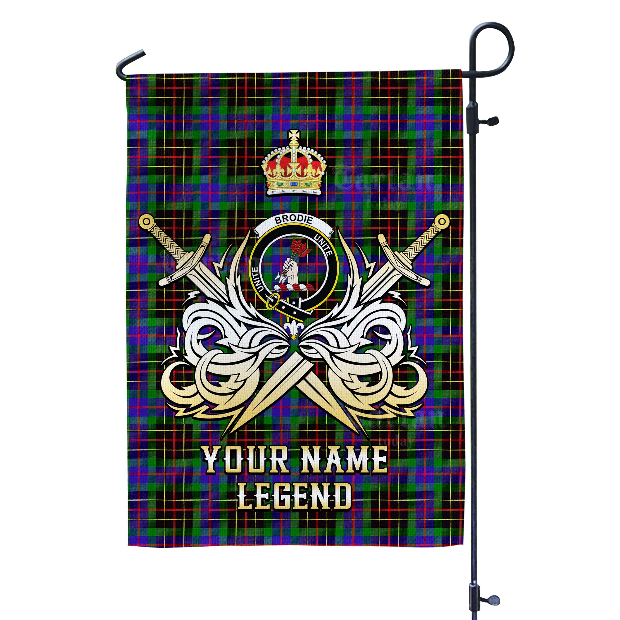 Custom Name Clan Brodie Hunting Modern Tartan Garden Flag with Clan Crest and the Golden Sword of Courageous Legacy XY26