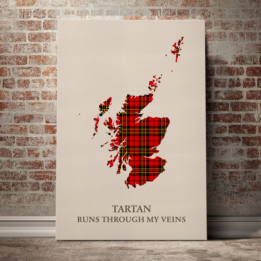 Brodie Modern Tartan Scotland Map Canvas – “Tartan Runs Through My Veins” Wall Art