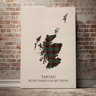 Clan Buchan Ancient Tartan Scotland Map Canvas “Tartan Runs Through My Veins” Wall Art RR90