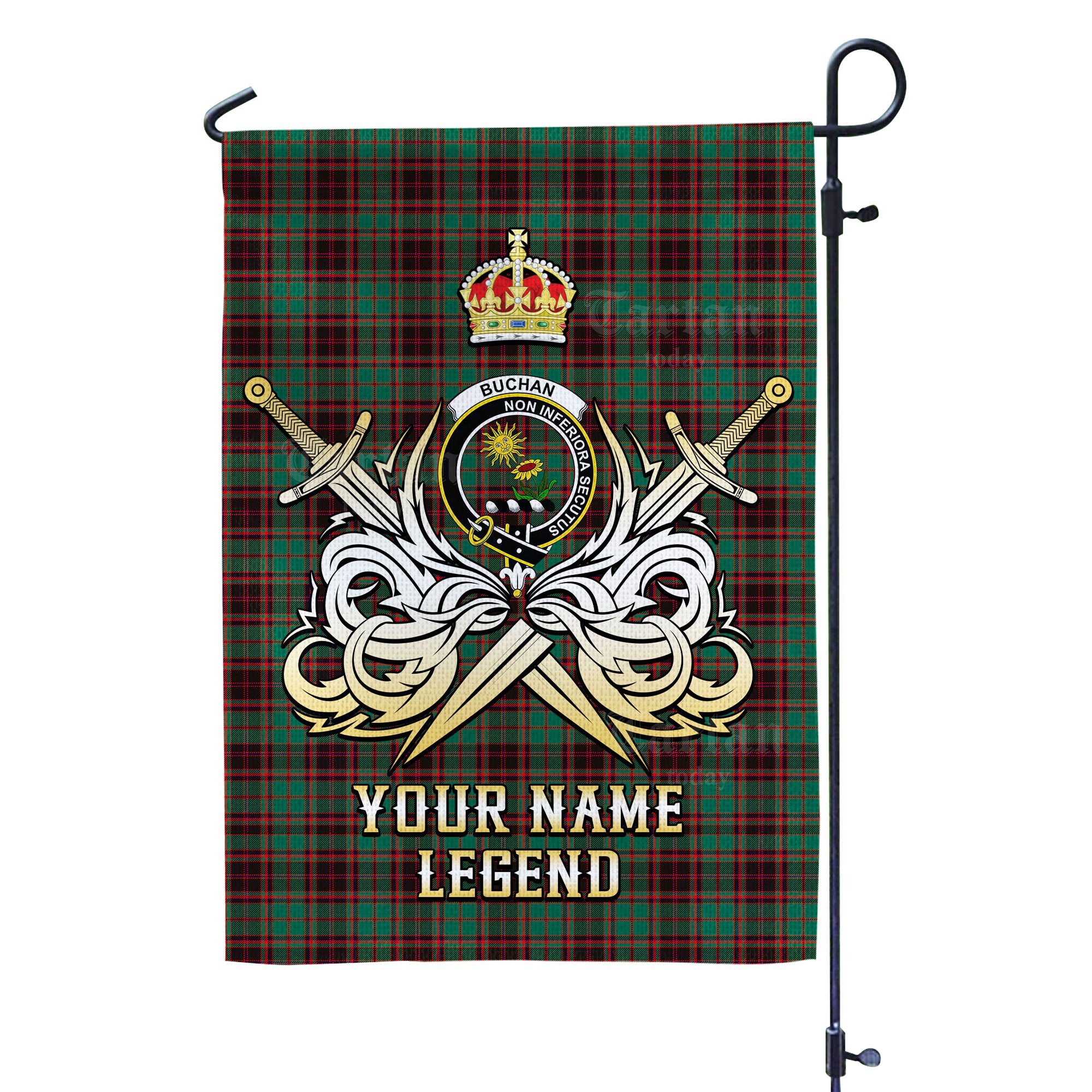 Custom Name Clan Buchan Ancient Tartan Garden Flag with Clan Crest and the Golden Sword of Courageous Legacy CR77